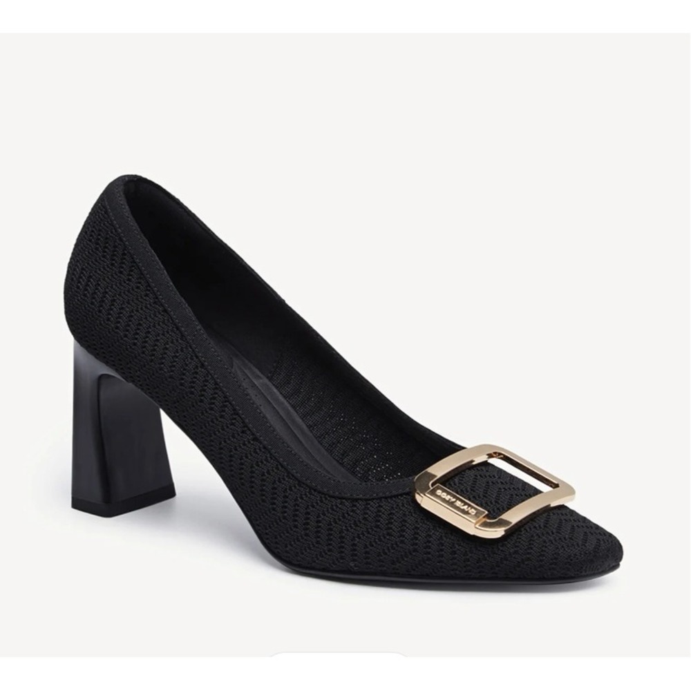 Cosy Island Heels Pumps Signature Buckle Square Toe Black Knit Women 6 Worn Once